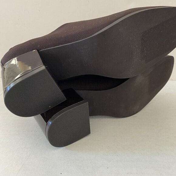 Donald Pliner Size 5 Heel Brown Pump Square Toe Stretch Fabric New - Picture 5 of 6